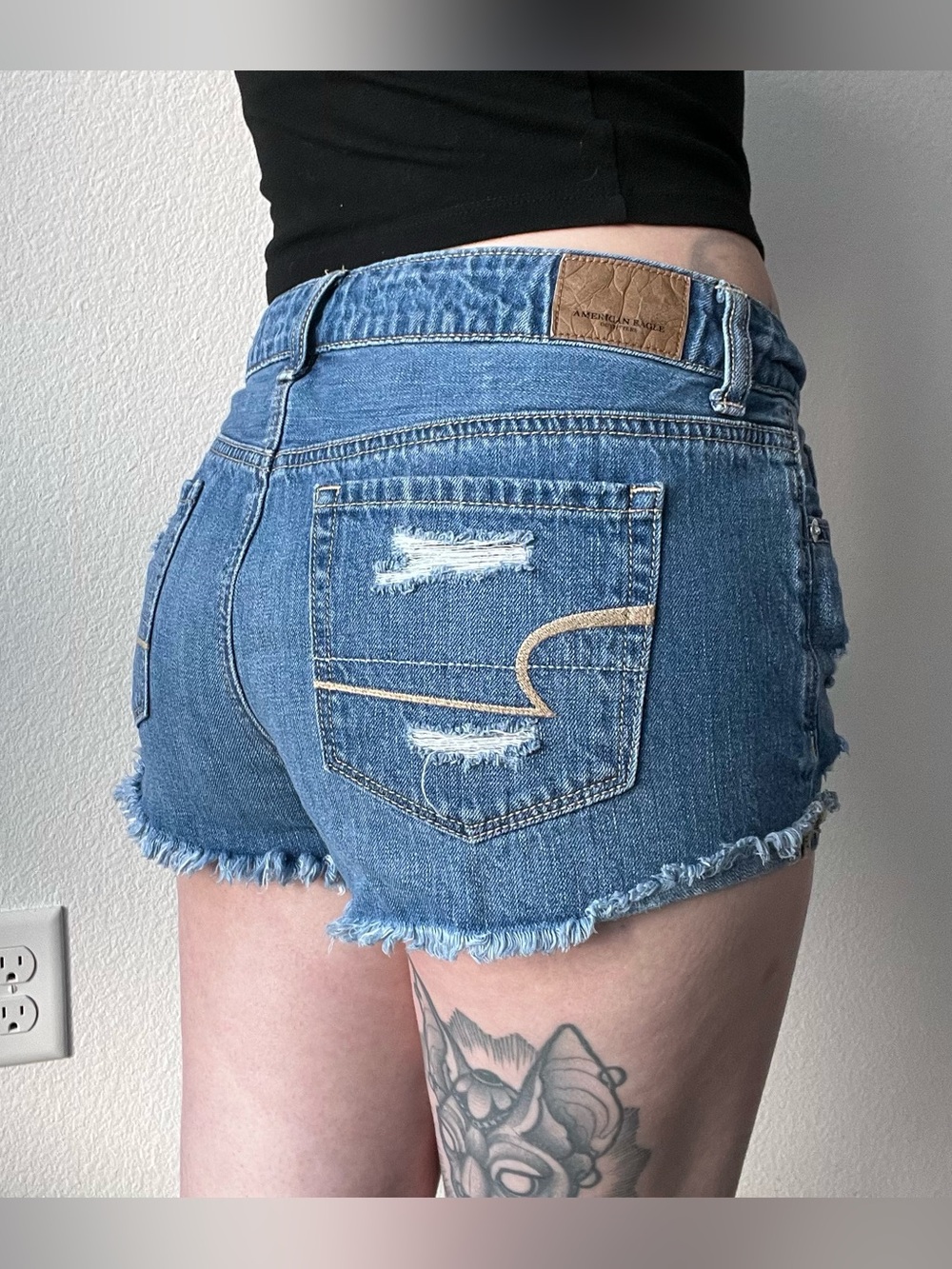 Tomgirl Shortie Denim Shorts, cutoff mid rise, distressed, frayed hem, blue wash